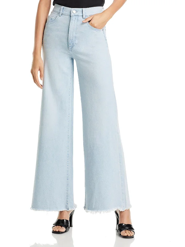 Womens High Rise Frayed Hem Wide Leg Jeans