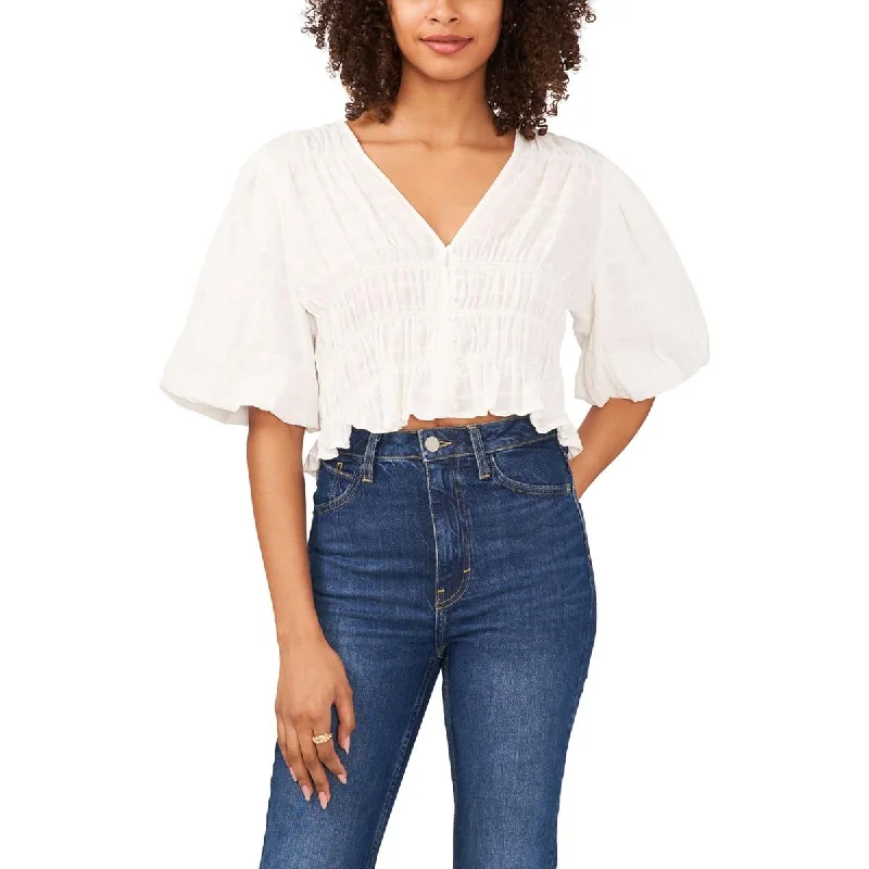 1.State Womens Puff Sleeve Smocked Cropped