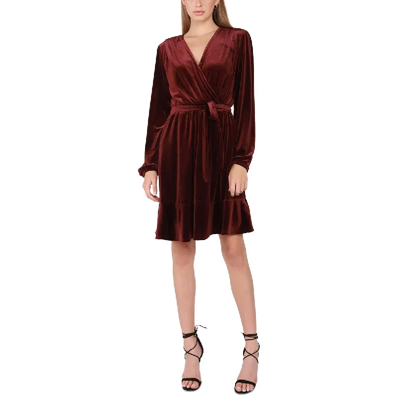 Black Tape_ Womens Petites Velvet Ruffled Wrap Dress