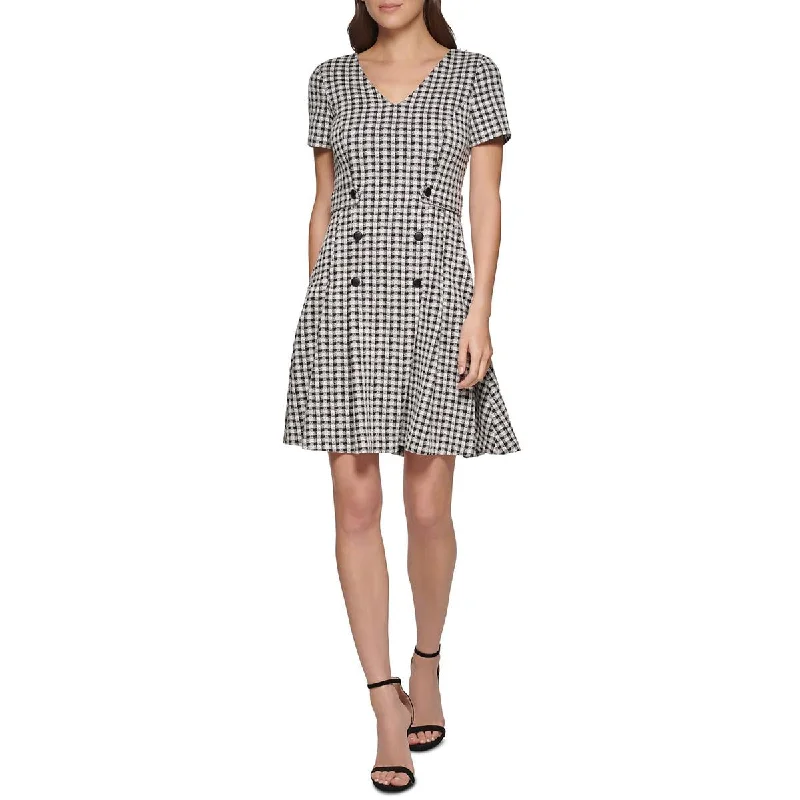 DKNY Womens Gingham Short Sleeves Fit & Flare Dress