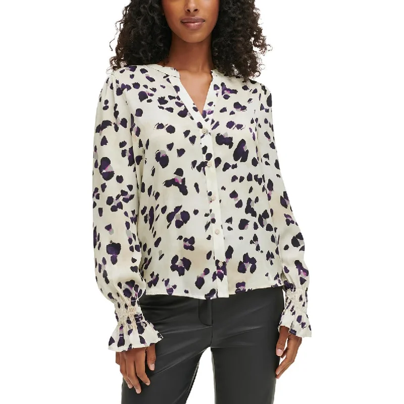 DKNY Womens Pebbles Split Neck Button-Down Top