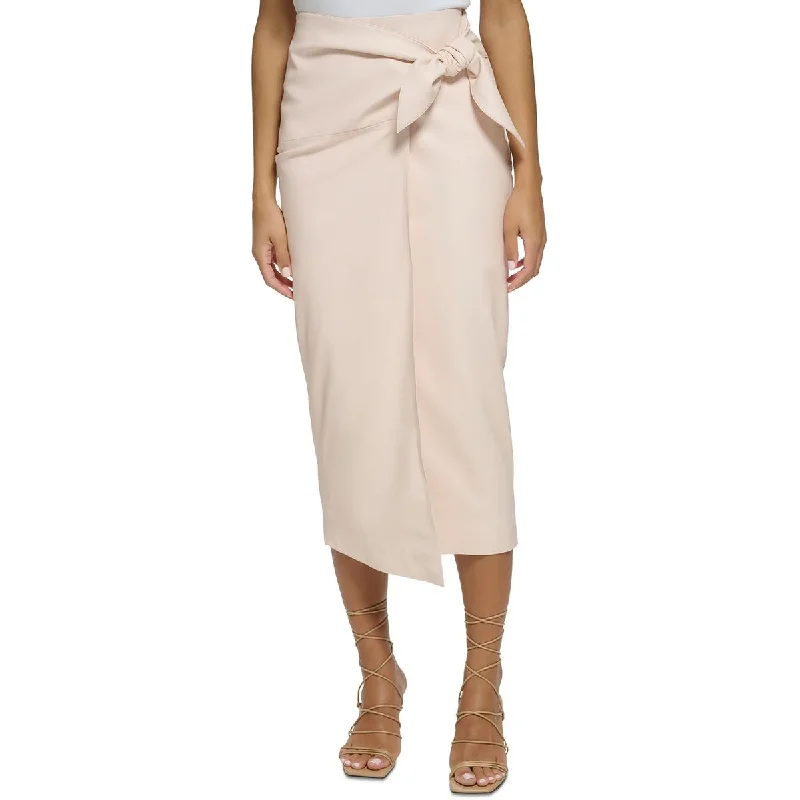 Donna Karan Womens Vegan Leather Bow Midi Skirt