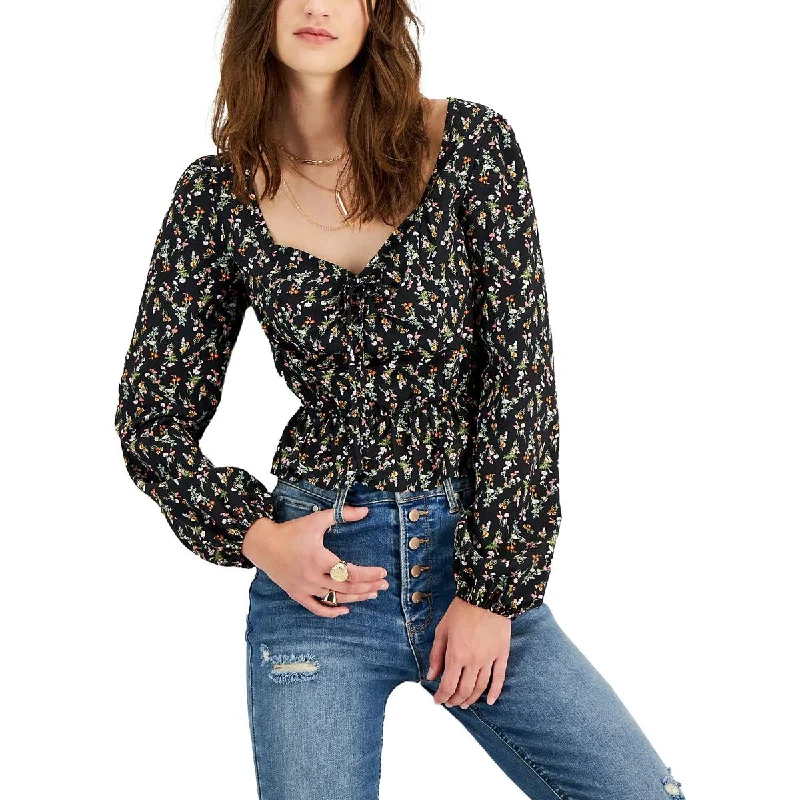 Kingston Grey Womens Juniors Floral Puff Sleeve Peplum Top