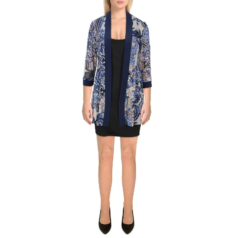 R&M Richards Womens Petites Mesh Printed Duster Blazer