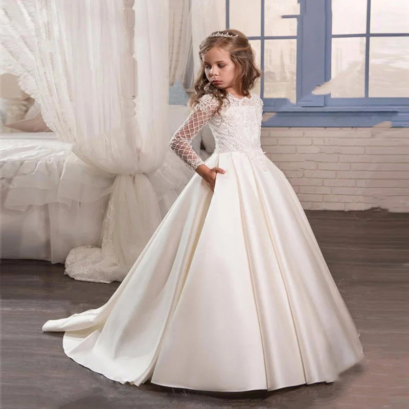 Bridal Flower Girl Dress Long Sleeve Champagne White Polyester Customized Size Options