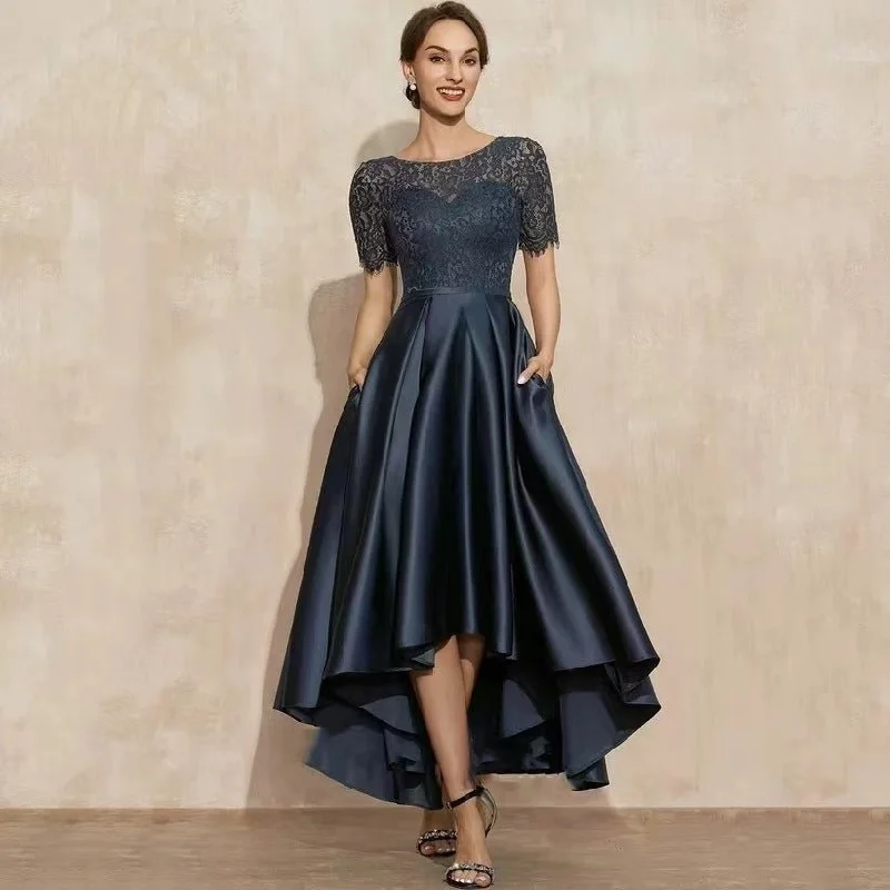 Elegant Lace Party Dress With Short Front And Long Back Design In Navy Blue - Sizes US2-26W