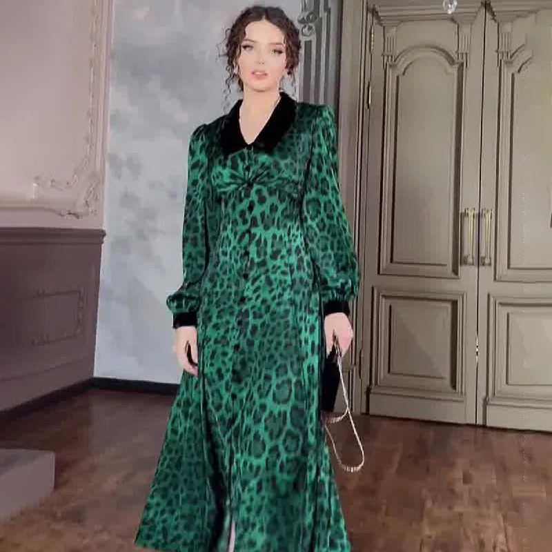 Dark Green Leopard Print Dress with Long Sleeves and Belted Waist - Sizes S to XXL