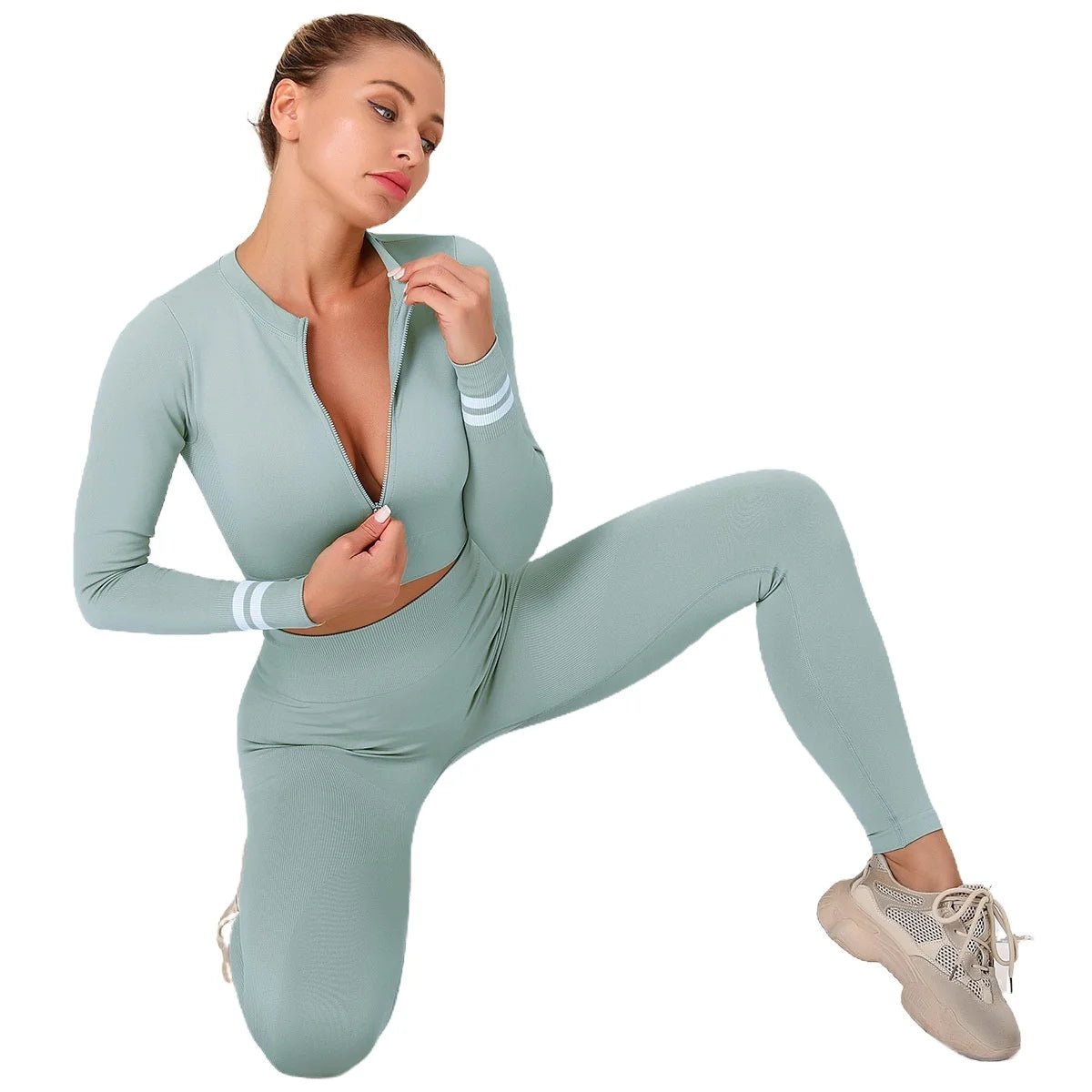 Zipper Sweatshirt Long Sleeve Suit Fitness Suit for Women 2 Pieces Outfits New Gym Sports Tight Long Sleeve Suit Fitness Yoga